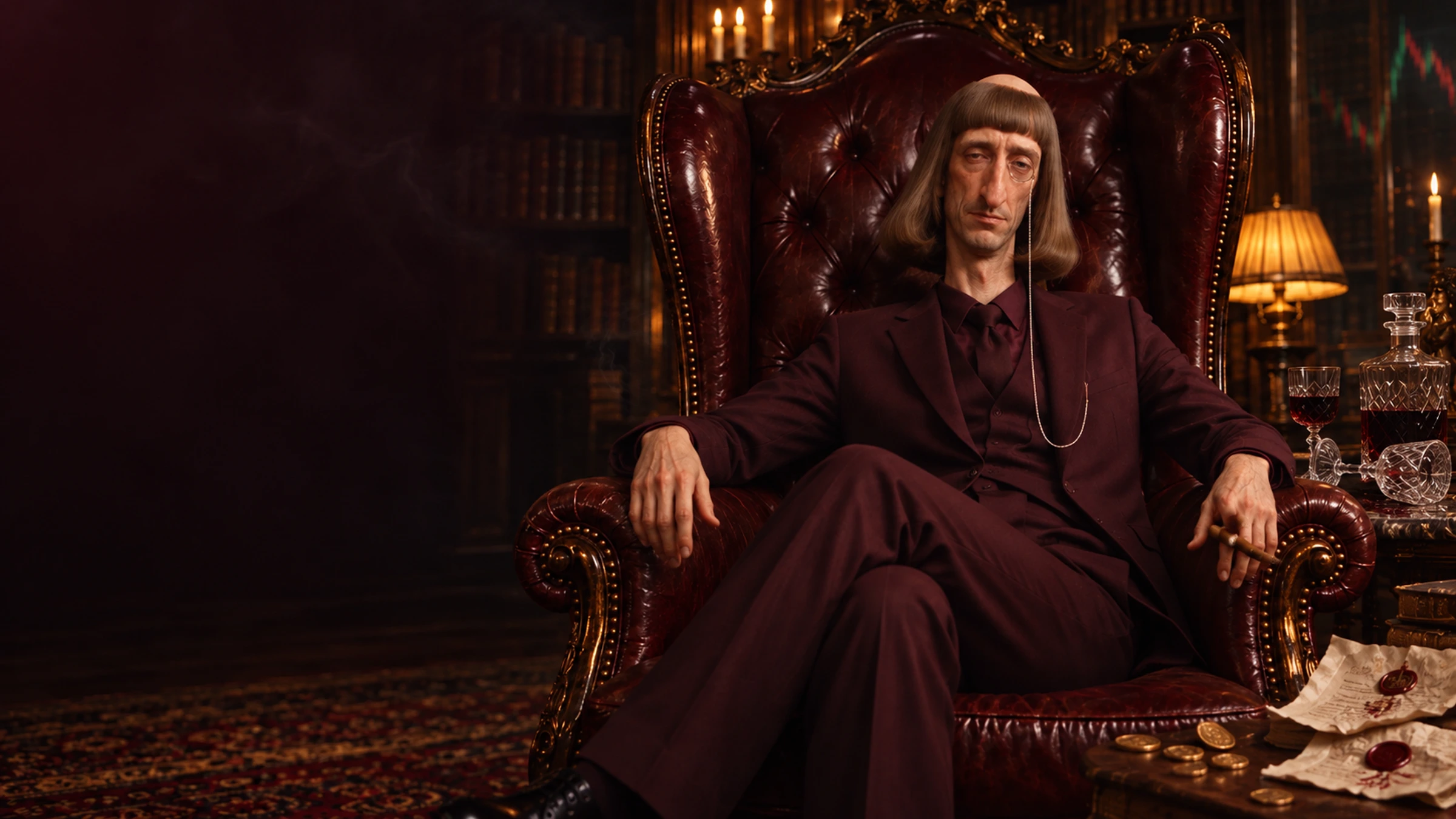 Lord Fuquaad in burgundy tailoring, seated in his private library
